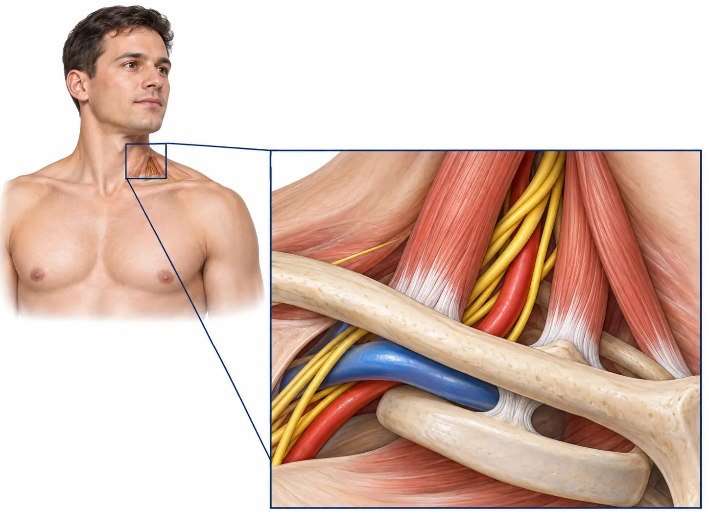Thoracic outlet anatomy showing the brachial plexus, subclavian artery and vein